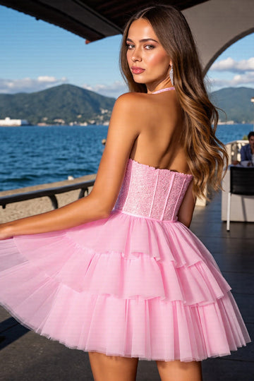 Halter Tiered A Line Homecoming Dress With Sequins